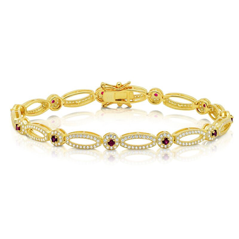 Ornate Oval Diamond and Yellow Gold Bracelet with Rubies