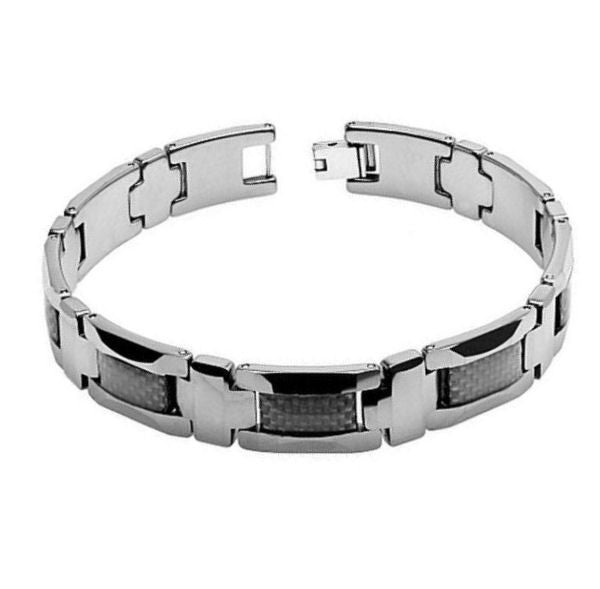 High Polished Silver Tungsten Bracelet with Black Carbon fiber Inlay