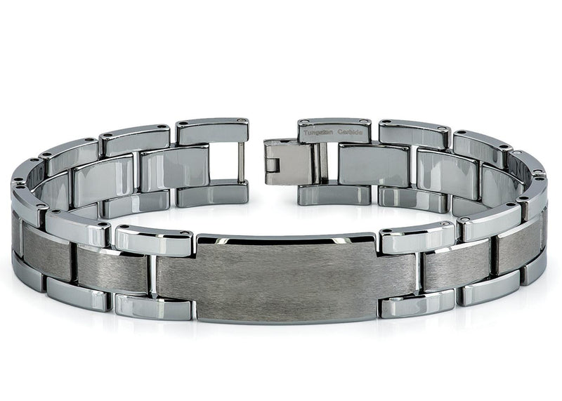 TUNGSTEN BRACELET 33 High Polish and Brushed ID Bracelet with 3 CZ Stones