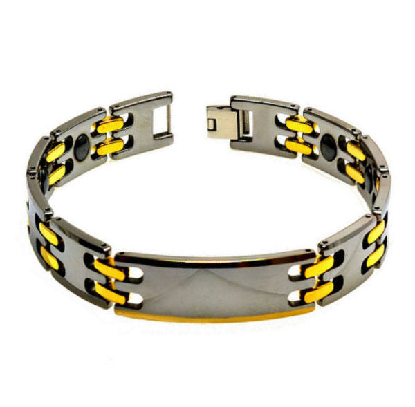 Two Toned Tungsten Bracelet with Yellow Gold Plated Magnetic Ion