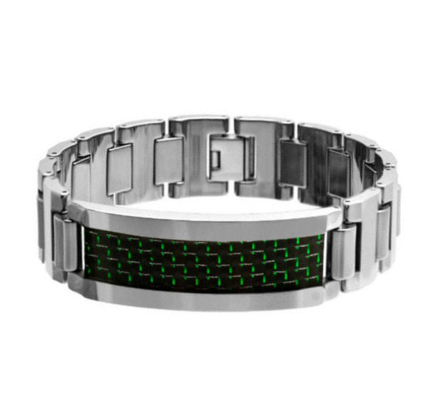 High Polished Designed Link Tungsten Bracelet with a Green & Black Carbon Inlay