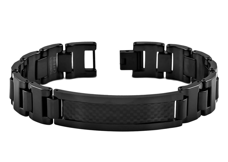 Black Enamel Plated Tungsten Bracelet with Black Carbon Fiber Inlay