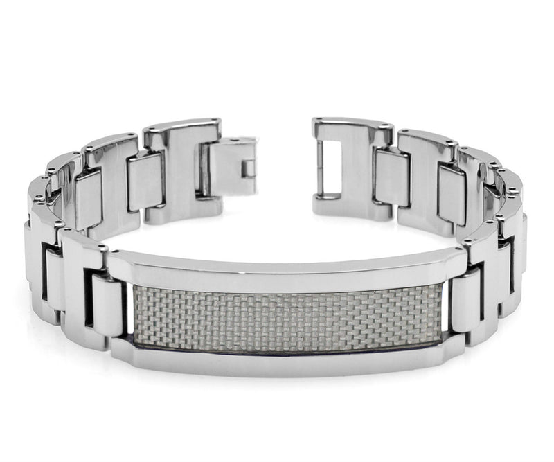 Heavy Designer Link Tungsten Bracelet with Light Grey Carbon Fiber Inlay