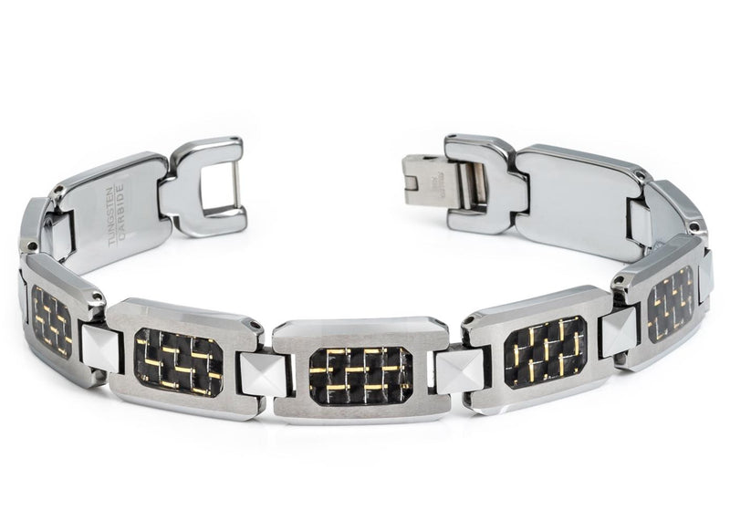 H-link Tungsten Bracelet Mixed with Black & Gold Carbon Fiber Inlay